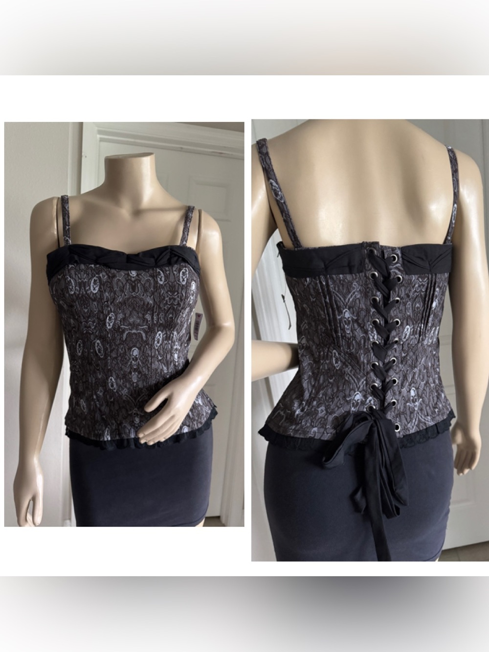 Tripp NYC Black and Gray Lace-Up Skull Print Bustier Cami